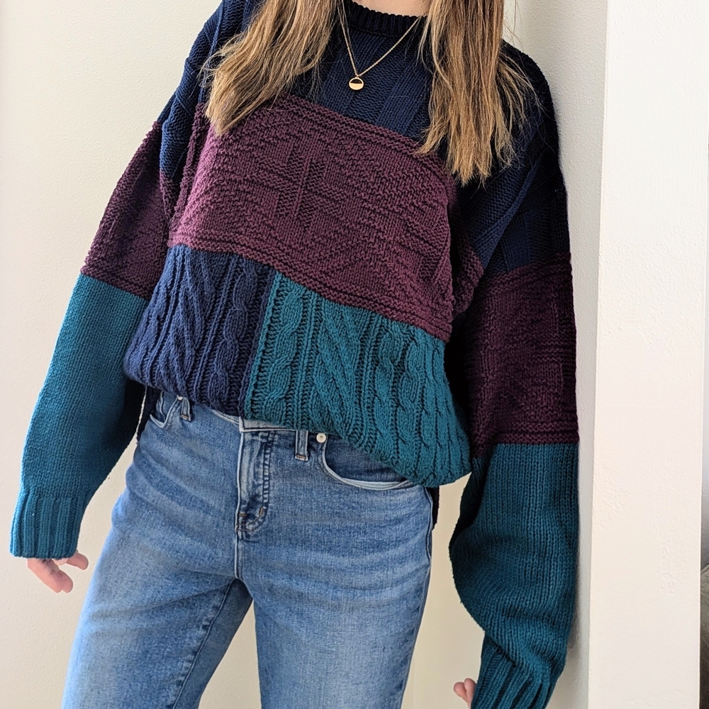 Vintage Eddie Bauer Chunky Colorblock Cable Knit Crewneck Sweater In Navy Blue - Picture 2 of 9